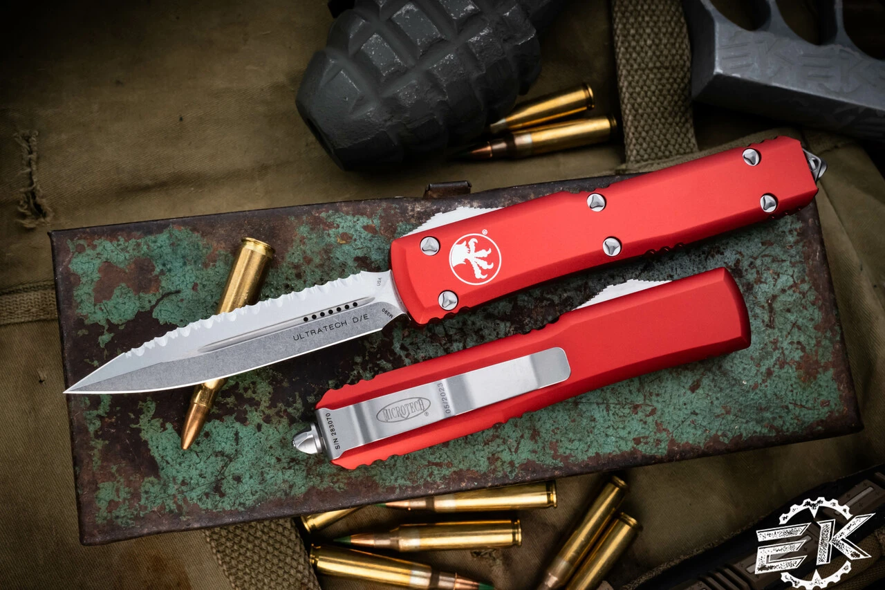 Microtech Ultratech OTF Automatic Knife Red 3.4" Dagger Stonewash Serrated 122-12RD 3 Microtech Ultratech OTF Automatic Knife Red 3.4" Dagger Stonewash Serrated 122-12RD