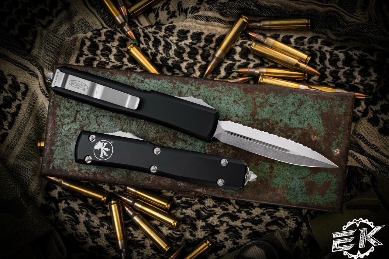 Microtech Ultratech OTF Automatic Knife Black 3.4" Dagger Stonewash Serrated 122-12 4 Microtech Ultratech OTF Automatic Knife Black 3.4" Dagger Stonewash Serrated 122-12 - Image 2