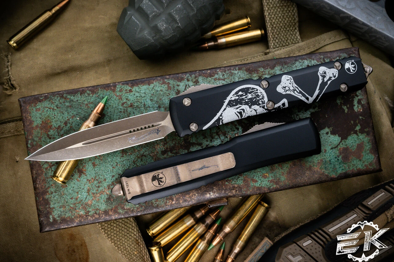 Microtech Ultratech OTF Automatic Knife Death Card 3.4" Dagger Bronze 122-13DCS 3 Microtech Ultratech OTF Automatic Knife Death Card 3.4" Dagger Bronze 122-13DCS
