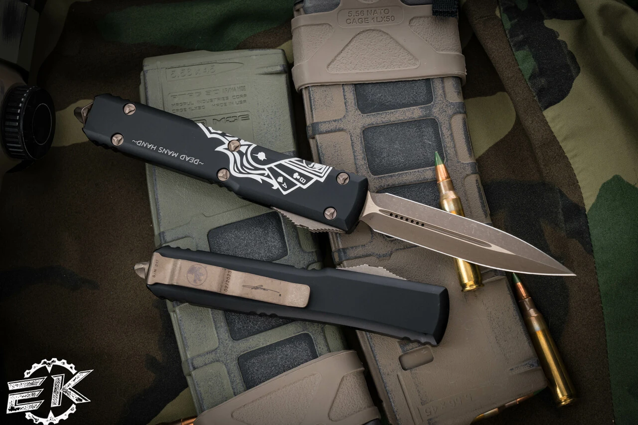 Microtech Ultratech Deadman's Hand OTF Automatic Knife 3.4" Dagger Bronze 122-13DMS 3 Microtech Ultratech Deadman's Hand OTF Automatic Knife 3.4" Dagger Bronze 122-13DMS