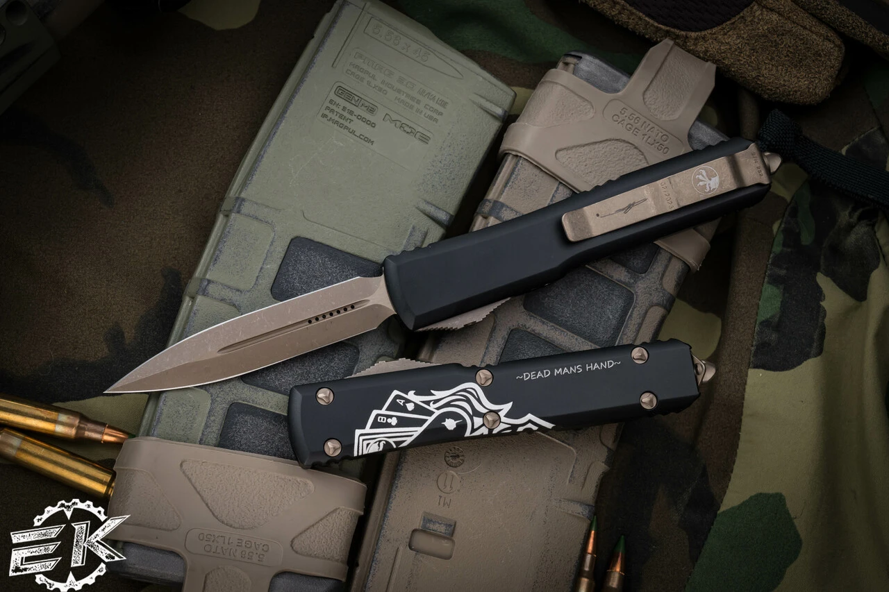 Microtech Ultratech Deadman's Hand OTF Automatic Knife 3.4" Dagger Bronze 122-13DMS 4 Microtech Ultratech Deadman's Hand OTF Automatic Knife 3.4" Dagger Bronze 122-13DMS - Image 2