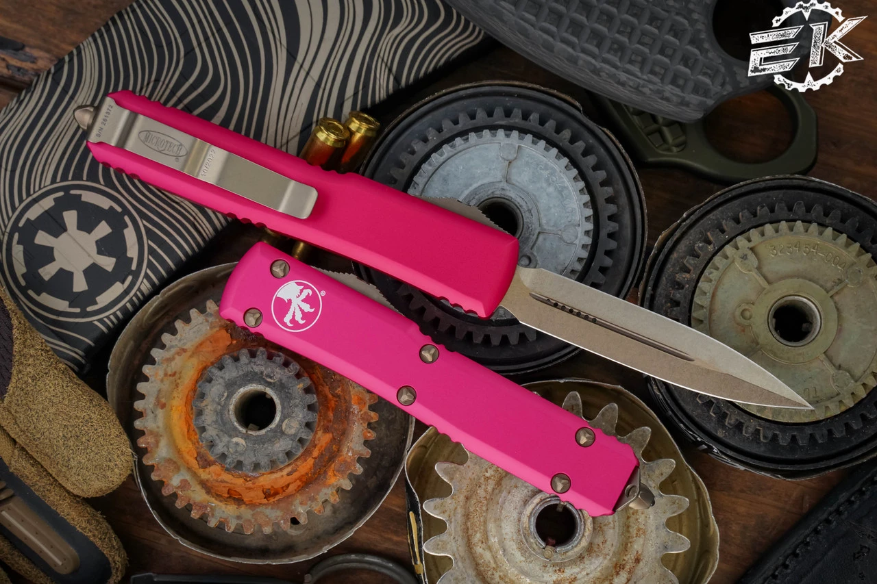 Microtech Ultratech Pink OTF Automatic Knife 3.4" Dagger Bronze 122-13PK 4 Microtech Ultratech Pink OTF Automatic Knife 3.4" Dagger Bronze 122-13PK - Image 2