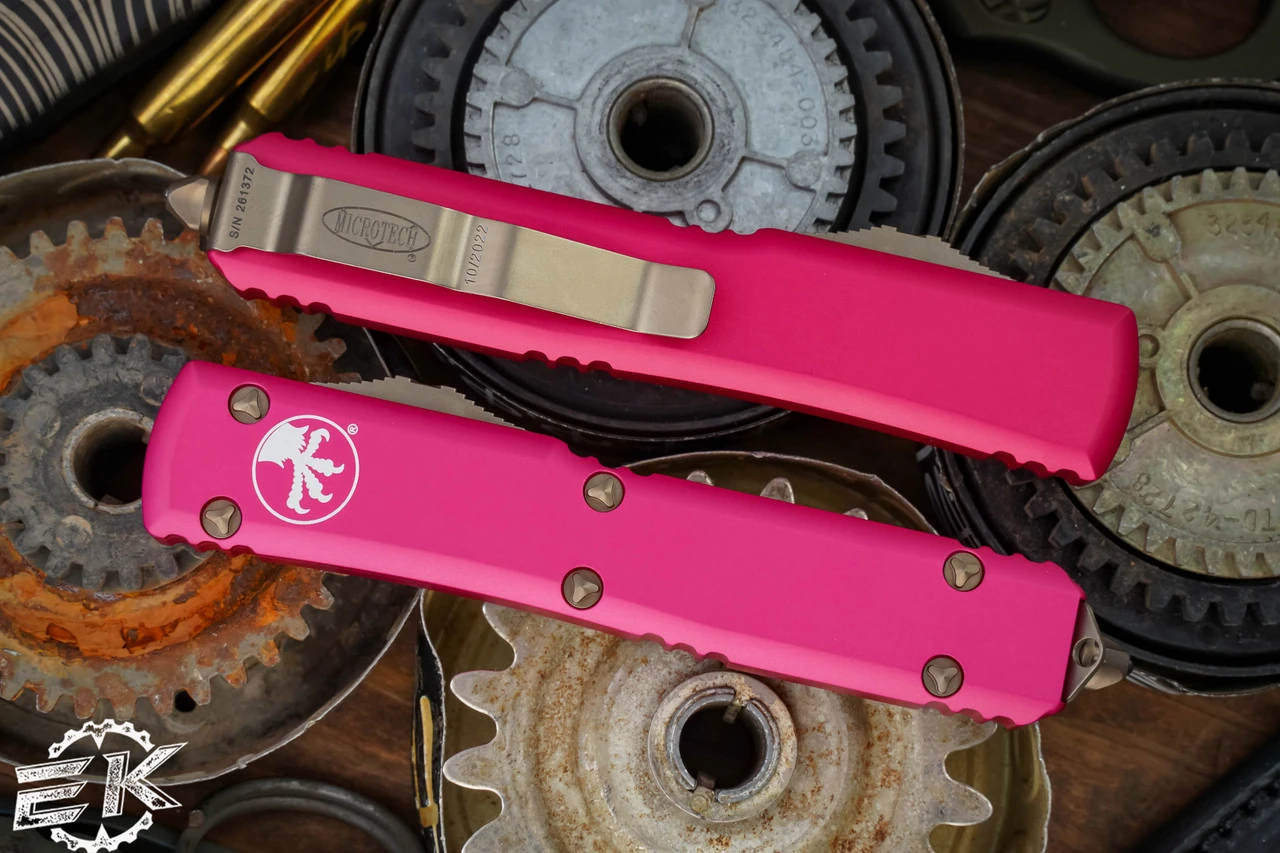 Microtech Ultratech Pink OTF Automatic Knife 3.4" Dagger Bronze 122-13PK 5 Microtech Ultratech Pink OTF Automatic Knife 3.4" Dagger Bronze 122-13PK - Image 3