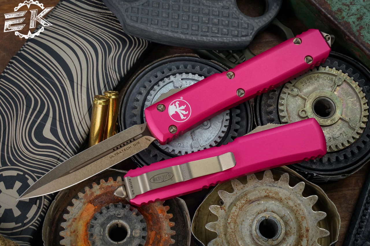 Microtech Ultratech Pink OTF Automatic Knife 3.4" Dagger Bronze 122-13PK 3 Microtech Ultratech Pink OTF Automatic Knife 3.4" Dagger Bronze 122-13PK