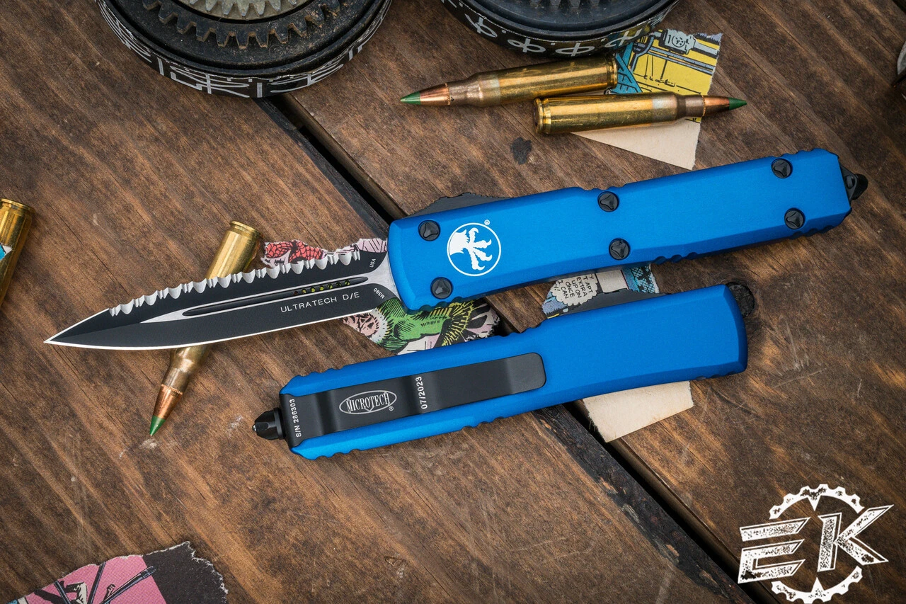 Microtech Ultratech OTF Automatic Knife Blue 3.4" Dagger Black Serrated 122-3BL 3 Microtech Ultratech OTF Automatic Knife Blue 3.4" Dagger Black Serrated 122-3BL