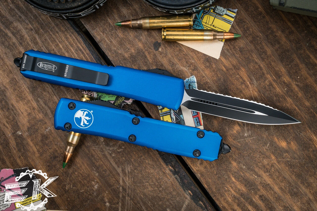 Microtech Ultratech OTF Automatic Knife Blue 3.4" Dagger Black Serrated 122-3BL 4 Microtech Ultratech OTF Automatic Knife Blue 3.4" Dagger Black Serrated 122-3BL - Image 2