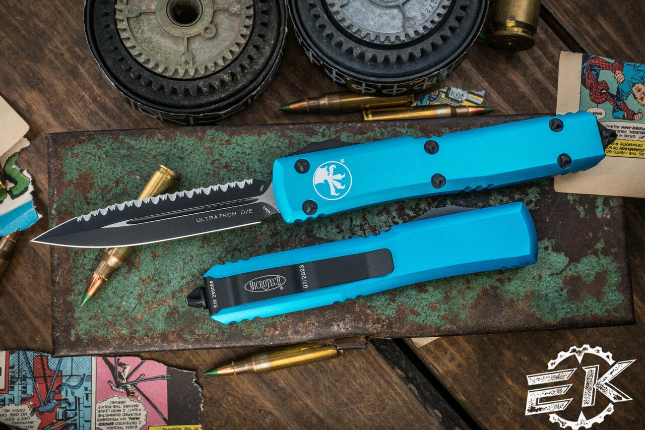 Microtech Ultratech OTF Automatic Knife Turquoise 3.4" Dagger Black Serrated 122-3TQ 3 Microtech Ultratech OTF Automatic Knife Turquoise 3.4" Dagger Black Serrated 122-3TQ