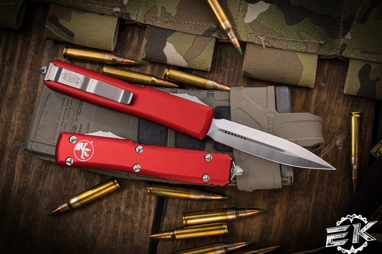 Microtech Ultratech OTF Automatic Knife Red 3.4" Satin Dagger 122-4RD 4 Microtech Ultratech OTF Automatic Knife Red 3.4" Satin Dagger 122-4RD - Image 2
