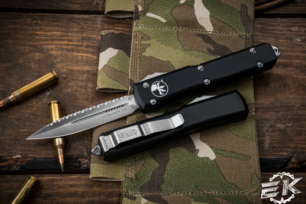 Microtech Ultratech OTF Automatic Knife Black 3.4" Dagger Satin Serrated 122-6 3 Microtech Ultratech OTF Automatic Knife Black 3.4" Dagger Satin Serrated 122-6