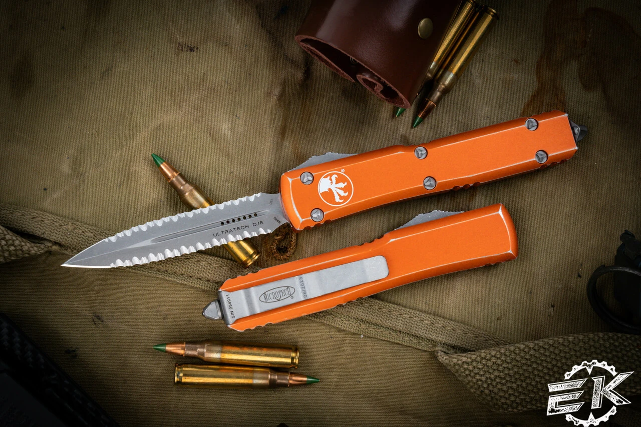 Microtech Ultratech Distressed Orange OTF Knife 3.4" Double Full Serrated 122-D12DOR 3 Microtech Ultratech Distressed Orange OTF Knife 3.4" Double Full Serrated 122-D12DOR