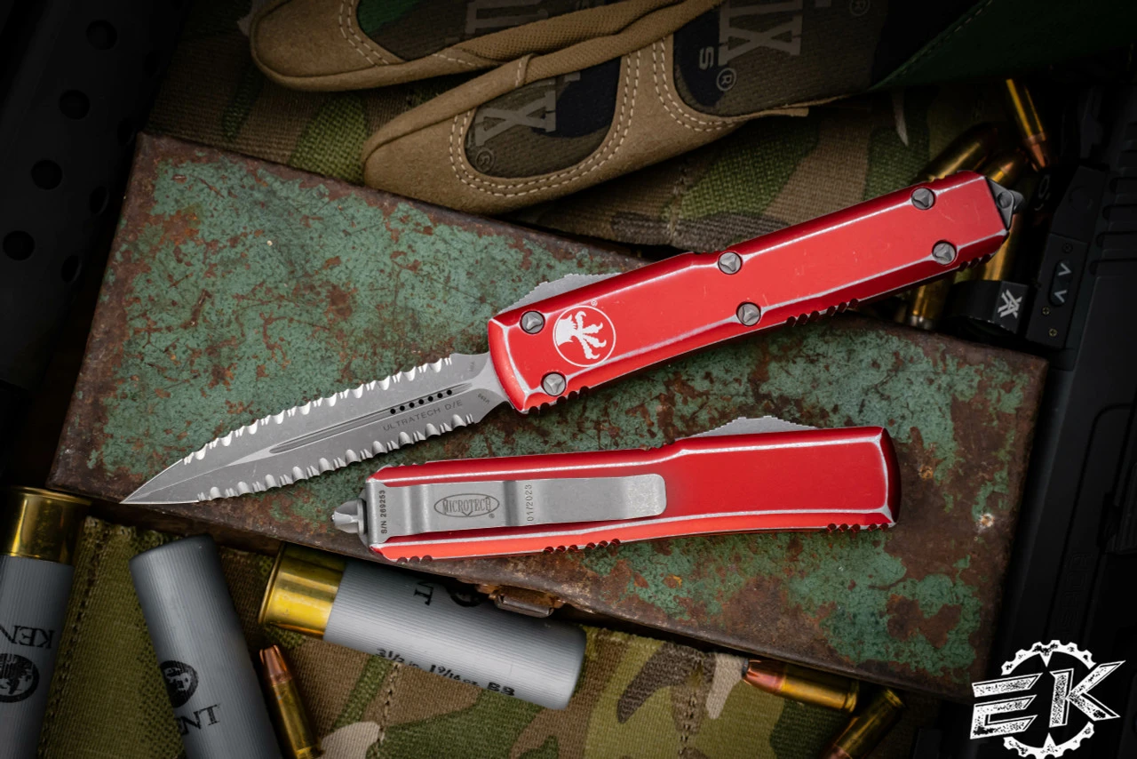 Microtech Ultratech Distressed Red OTF Knife 3.4" Double Full Serrated 122-D12DRD 3 Microtech Ultratech Distressed Red OTF Knife 3.4" Double Full Serrated 122-D12DRD
