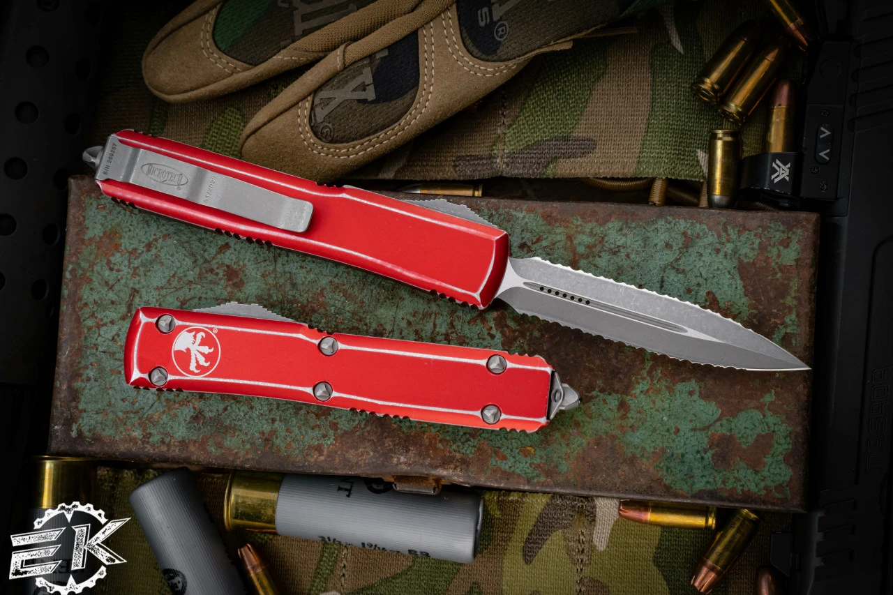 Microtech Ultratech Distressed Red OTF Knife 3.4" Double Full Serrated 122-D12DRD 4 Microtech Ultratech Distressed Red OTF Knife 3.4" Double Full Serrated 122-D12DRD - Image 2