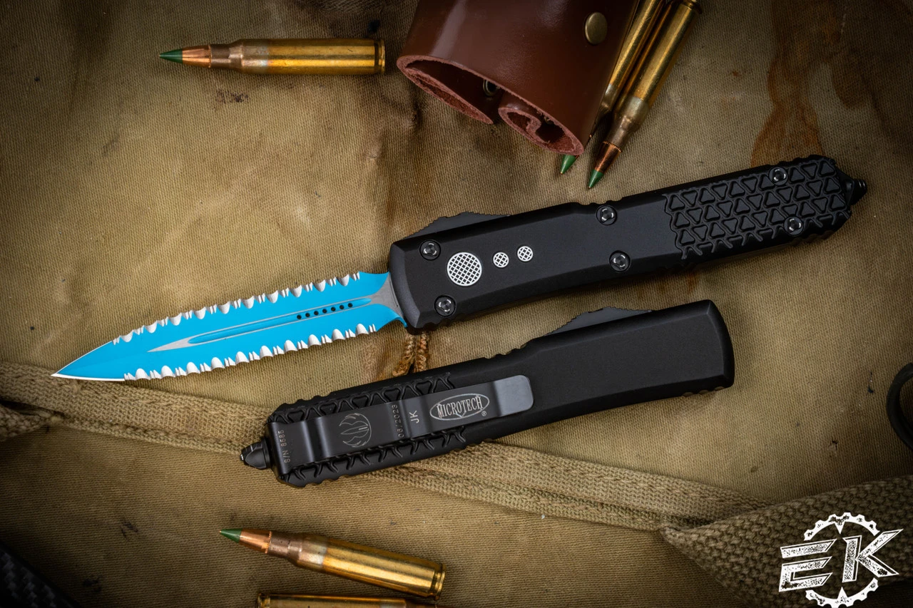 Microtech "Jedi Knight" Ultratech OTF Knife 3.4" Blue Double Serrated Dagger 122-D3JK 3 Microtech "Jedi Knight" Ultratech OTF Knife 3.4" Blue Double Serrated Dagger 122-D3JK