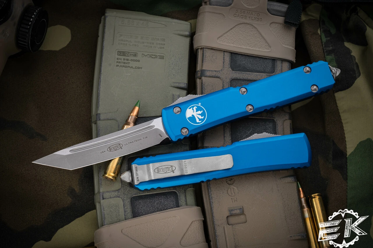 Microtech Ultratech OTF Automatic Knife Blue 3.4" Tanto Apocalyptic Stonewash 123-10APBL 3 Microtech Ultratech OTF Automatic Knife Blue 3.4" Tanto Apocalyptic Stonewash 123-10APBL