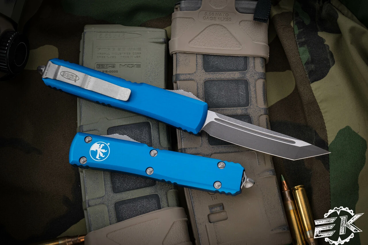 Microtech Ultratech OTF Automatic Knife Blue 3.4" Tanto Apocalyptic Stonewash 123-10APBL 4 Microtech Ultratech OTF Automatic Knife Blue 3.4" Tanto Apocalyptic Stonewash 123-10APBL - Image 2