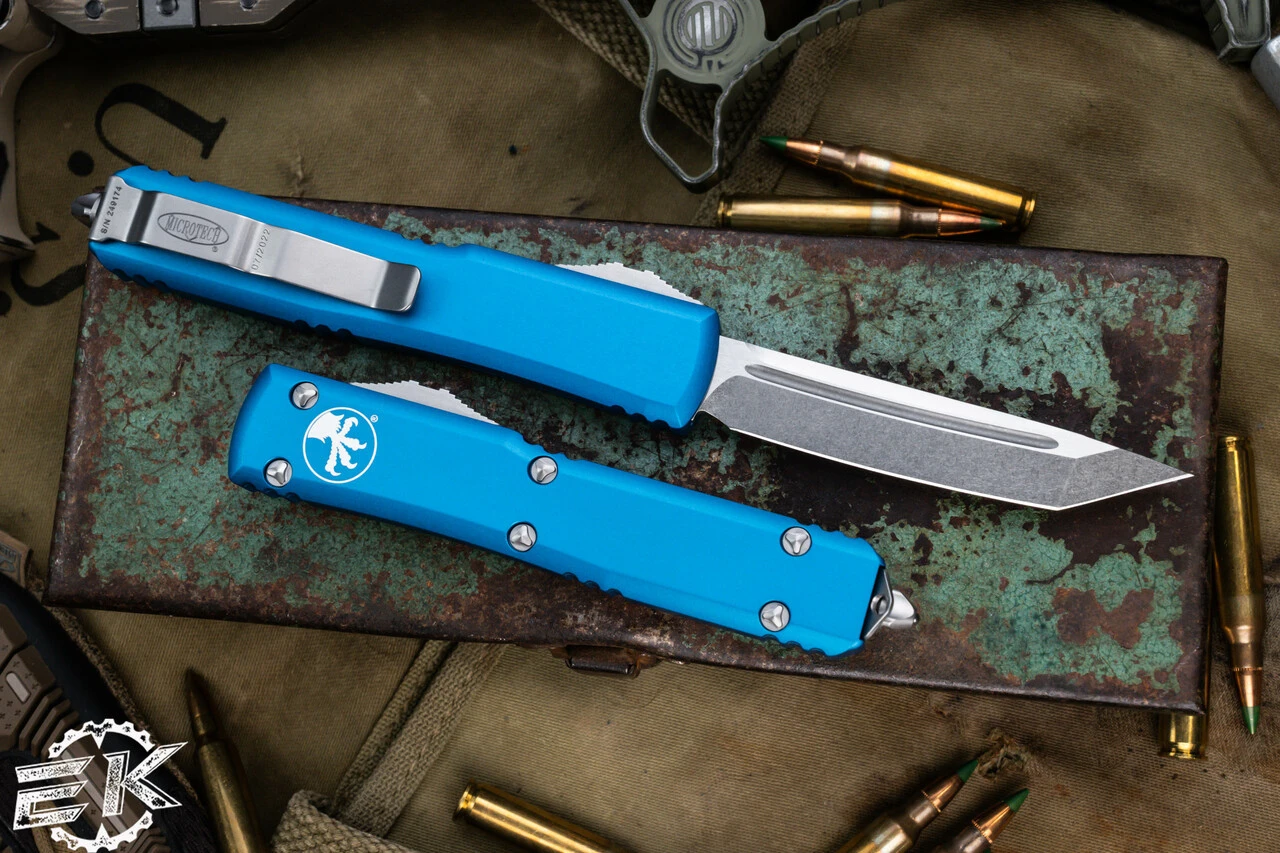 Microtech Ultratech OTF Automatic Knife Blue 3.4" Tanto Stonewash 123-10BL 4 Microtech Ultratech OTF Automatic Knife Blue 3.4" Tanto Stonewash 123-10BL - Image 2