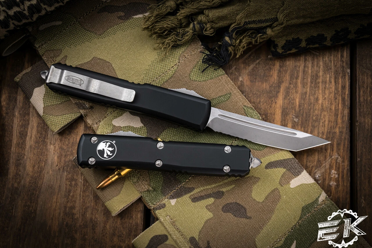 Microtech Ultratech OTF Automatic Knife 3.4" Tanto Apocalyptic Stonewash Serrated 123-11AP 4 Microtech Ultratech OTF Automatic Knife 3.4" Tanto Apocalyptic Stonewash Serrated 123-11AP - Image 2