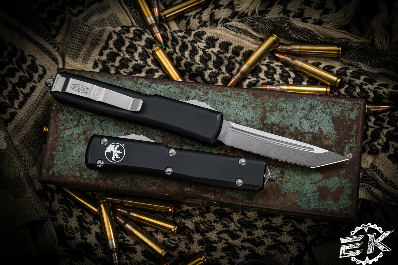 Microtech Ultratech OTF Automatic 3.4" Tanto Stonewash Serrated 123-12 4 Microtech Ultratech OTF Automatic 3.4" Tanto Stonewash Serrated 123-12 - Image 2