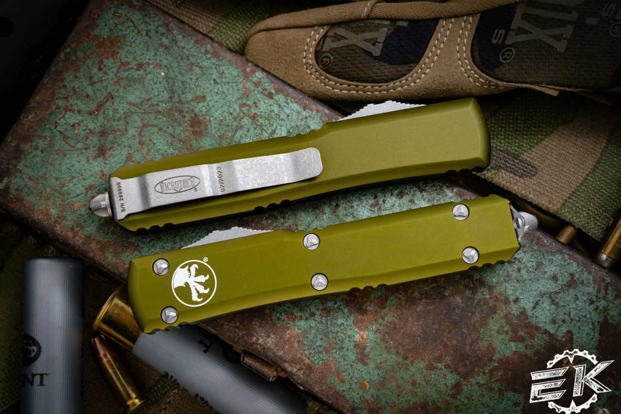 Microtech Ultratech OD Green OTF Knife 3.4" Tanto Apocalyptic Serrated 123-12APOD 5 Microtech Ultratech OD Green OTF Knife 3.4" Tanto Apocalyptic Serrated 123-12APOD - Image 3