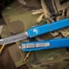 Microtech Ultratech OTF Automatic Knife Distressed Blue 3.4" Tanto Serrated 123-12DBL