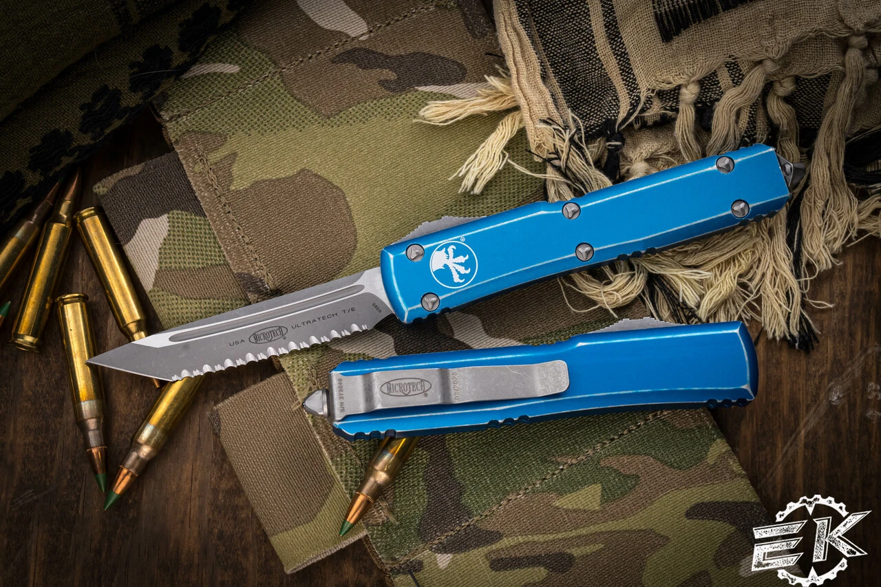 Microtech Ultratech OTF Automatic Knife Distressed Blue 3.4" Tanto Serrated 123-12DBL 3 Microtech Ultratech OTF Automatic Knife Distressed Blue 3.4" Tanto Serrated 123-12DBL