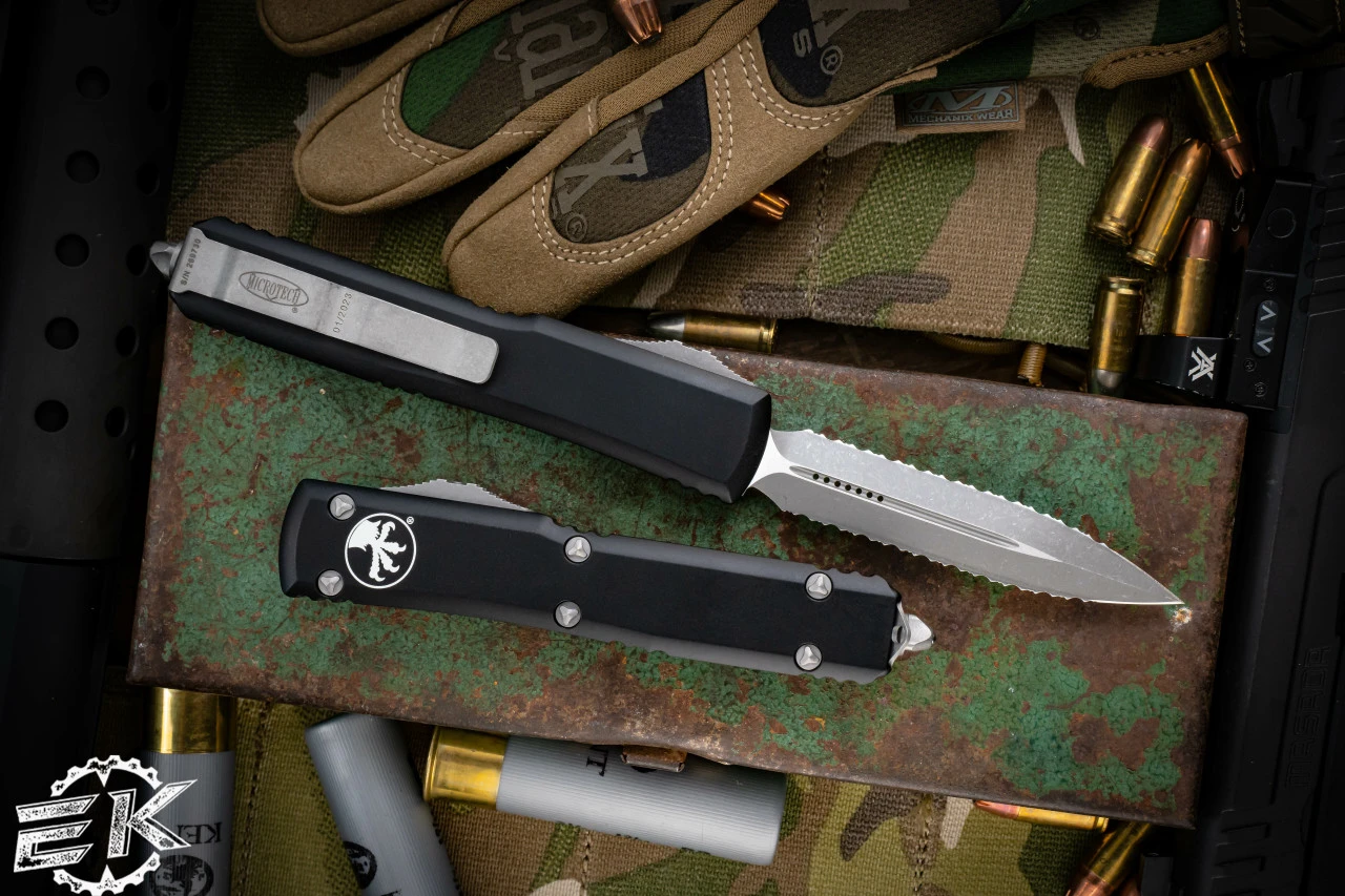 Microtech Ultratech OTF Knife 3.4" Apocalyptic Double Full Serrated 122-D12AP 5 Microtech Ultratech OTF Knife 3.4" Apocalyptic Double Full Serrated 122-D12AP - Image 3