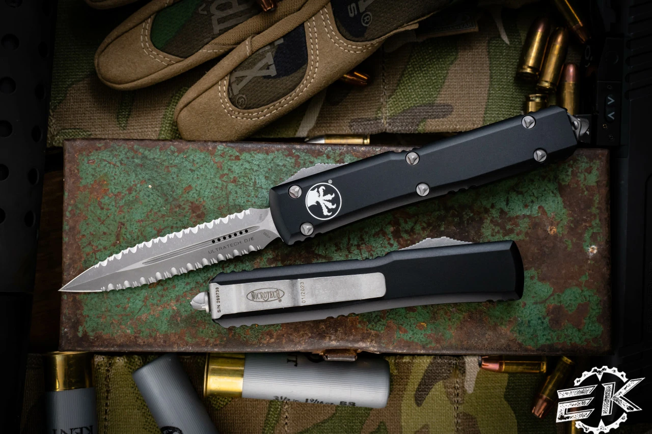 Microtech Ultratech OTF Knife 3.4" Apocalyptic Double Full Serrated 122-D12AP 3 Microtech Ultratech OTF Knife 3.4" Apocalyptic Double Full Serrated 122-D12AP