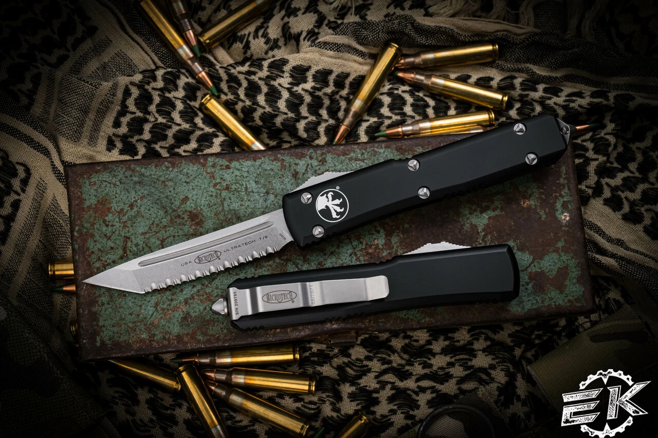 Microtech Ultratech OTF Automatic 3.4" Tanto Stonewash Serrated 123-12 3 Microtech Ultratech OTF Automatic 3.4" Tanto Stonewash Serrated 123-12