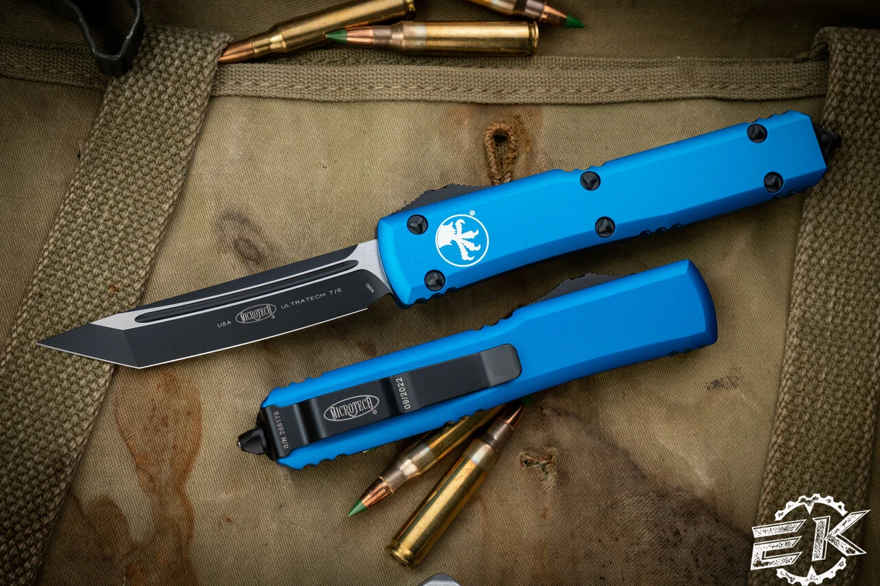 Microtech Ultratech OTF Automatic Knife Blue 3.4" Tanto Black 123-1BL 3 Microtech Ultratech OTF Automatic Knife Blue 3.4" Tanto Black 123-1BL