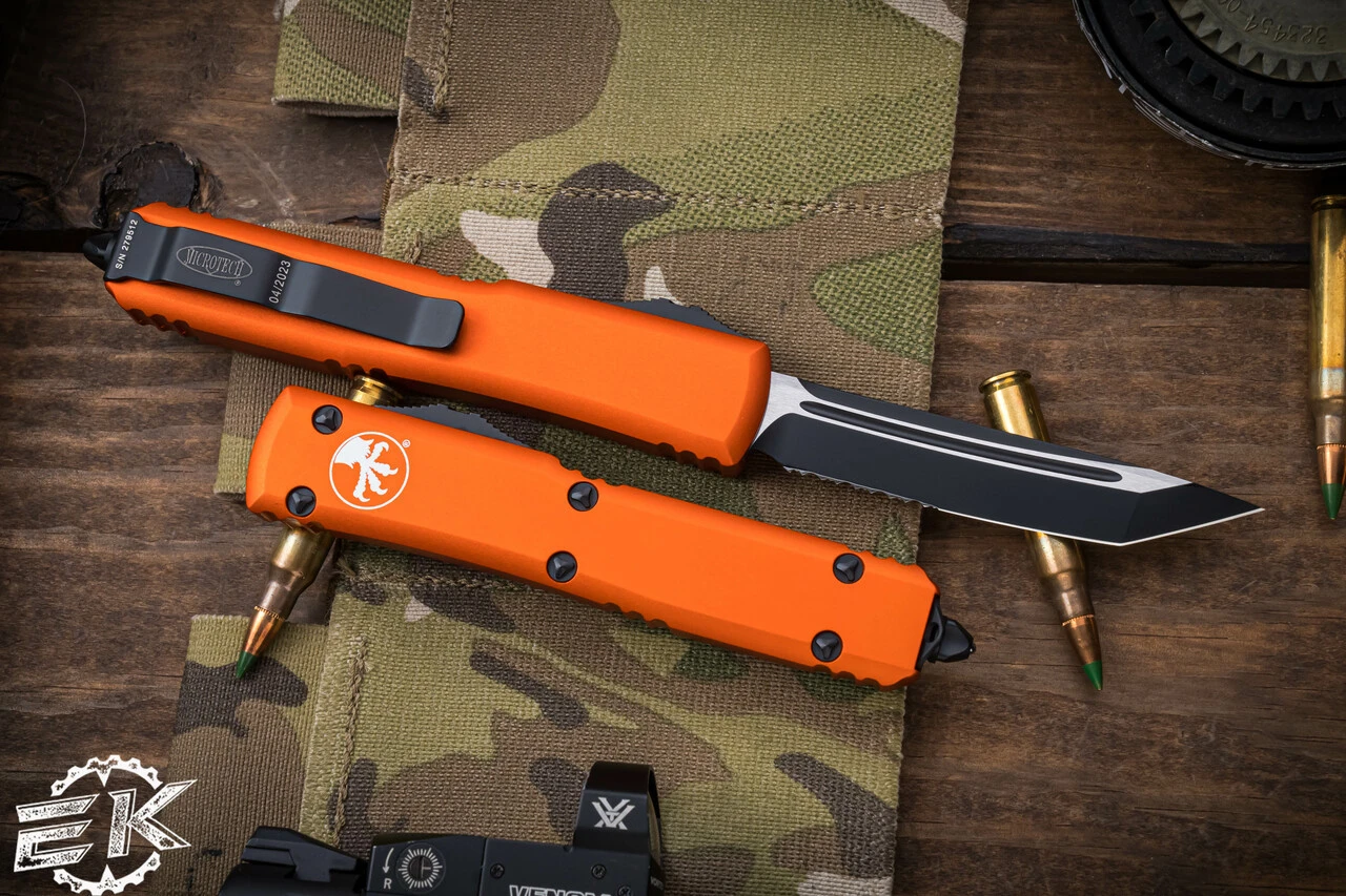 Microtech Ultratech OTF Automatic Knife Orange 3.4" Tanto Serrated Black 123-2OR 4 Microtech Ultratech OTF Automatic Knife Orange 3.4" Tanto Serrated Black 123-2OR - Image 2