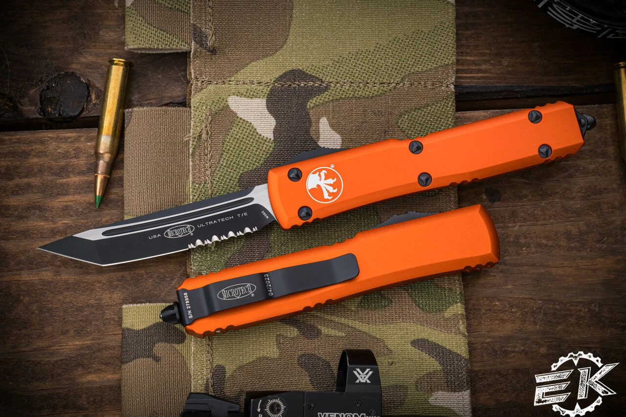 Microtech Ultratech OTF Automatic Knife Orange 3.4" Tanto Serrated Black 123-2OR 3 Microtech Ultratech OTF Automatic Knife Orange 3.4" Tanto Serrated Black 123-2OR