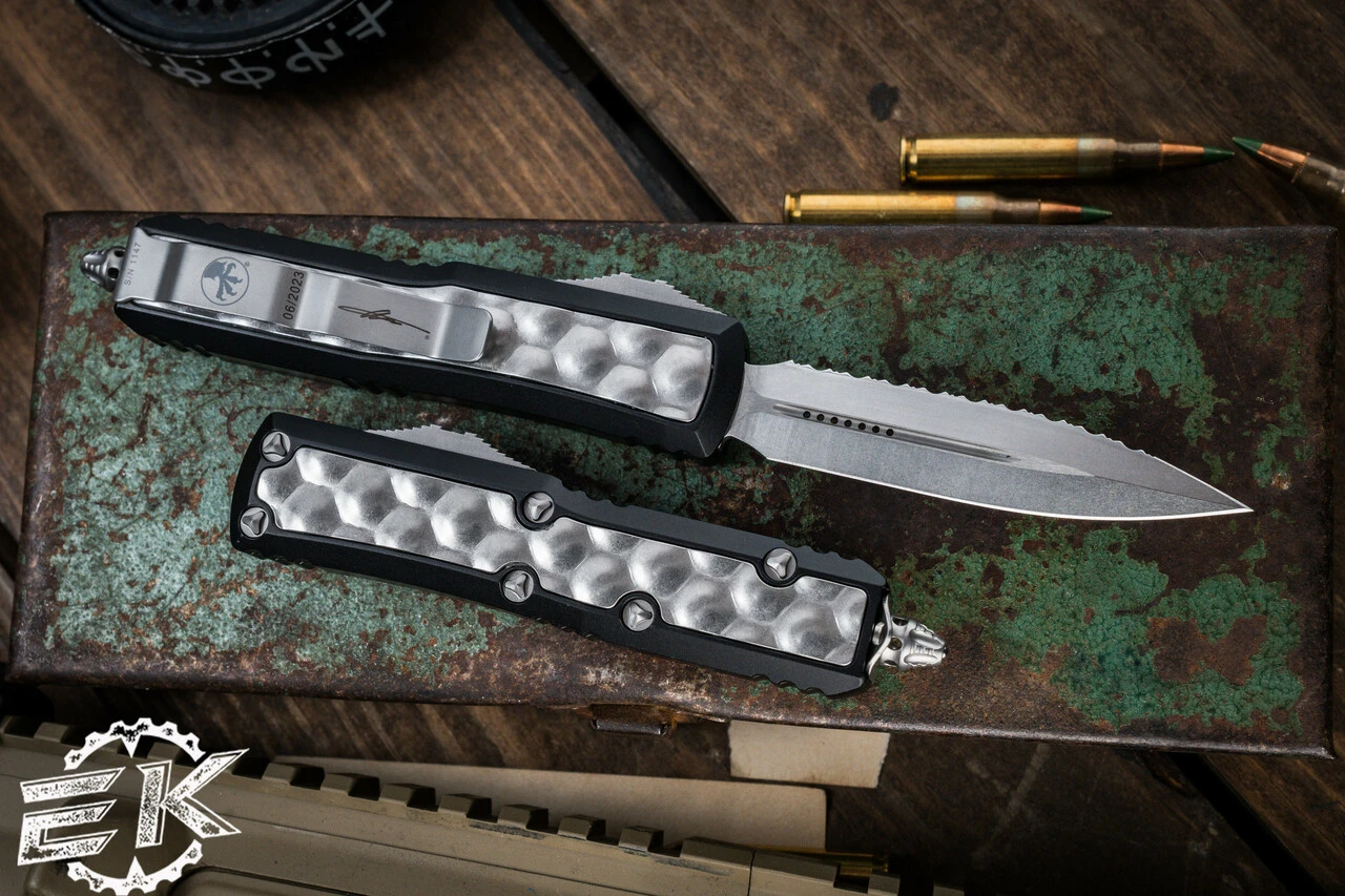 Microtech Daytona OTF Automatic Knife Bubble Inlay 3.1" Dagger Stonewash Serrated 126-12BIS 4 Microtech Daytona OTF Automatic Knife Bubble Inlay 3.1" Dagger Stonewash Serrated 126-12BIS - Image 2