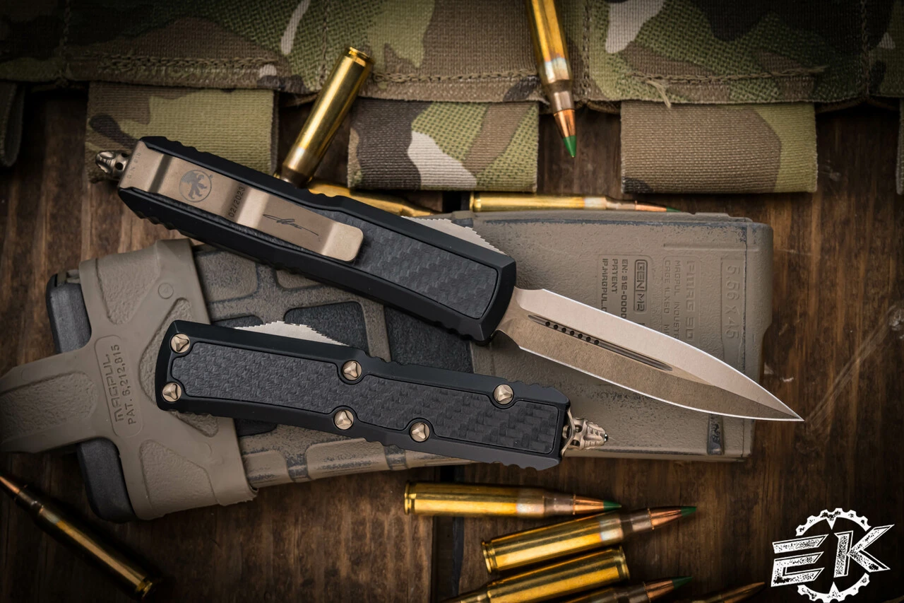 Microtech Daytona Carbon Fiber Inlay OTF Automatic Knife 3" Bronze Dagger 126-13CFIS 4 Microtech Daytona Carbon Fiber Inlay OTF Automatic Knife 3" Bronze Dagger 126-13CFIS - Image 2