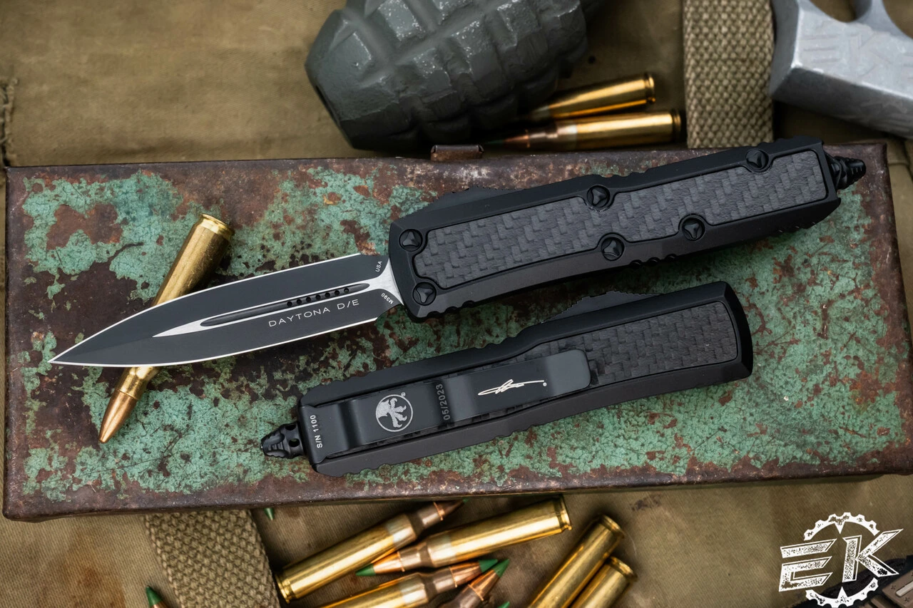 Microtech Daytona OTF Automatic Knife Carbon Fiber Inlay 3.1" Dagger Black Tactical 126-1TCFIS 3 Microtech Daytona OTF Automatic Knife Carbon Fiber Inlay 3.1" Dagger Black Tactical 126-1TCFIS
