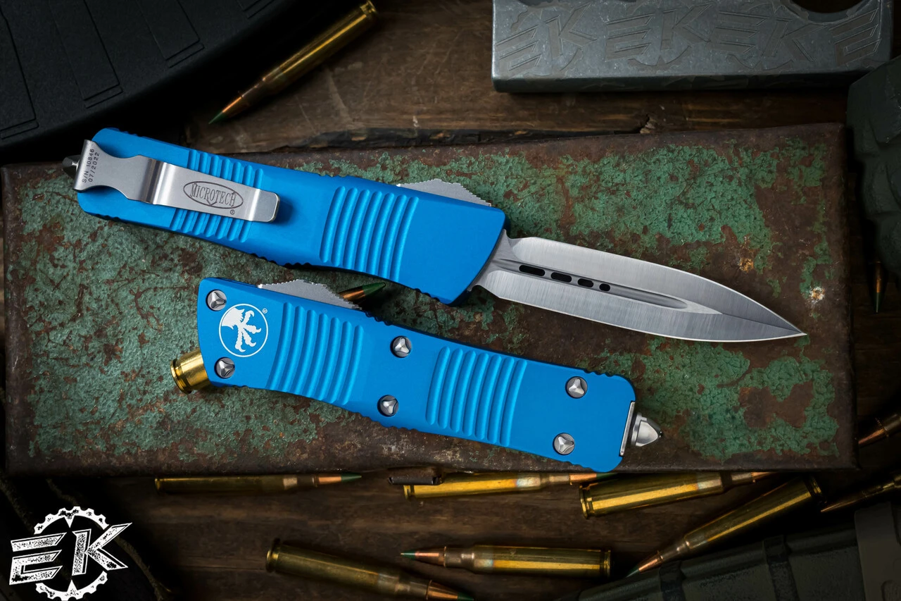 Microtech Troodon Blue OTF Automatic Knife D/E 3" Dagger Satin 138-4BL 4 Microtech Troodon Blue OTF Automatic Knife D/E 3" Dagger Satin 138-4BL - Image 2