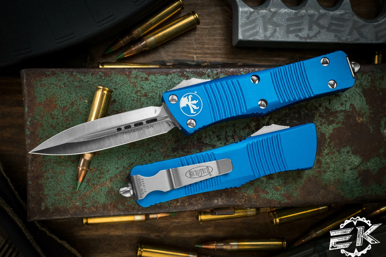 Microtech Troodon Blue OTF Automatic Knife D/E 3" Dagger Satin 138-4BL 3 Microtech Troodon Blue OTF Automatic Knife D/E 3" Dagger Satin 138-4BL