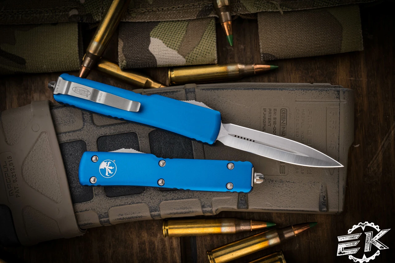 Microtech UTX-70 OTF Automatic Knife Blue 2.4" Dagger Satin 147-4BL 4 Microtech UTX-70 OTF Automatic Knife Blue 2.4" Dagger Satin 147-4BL - Image 2