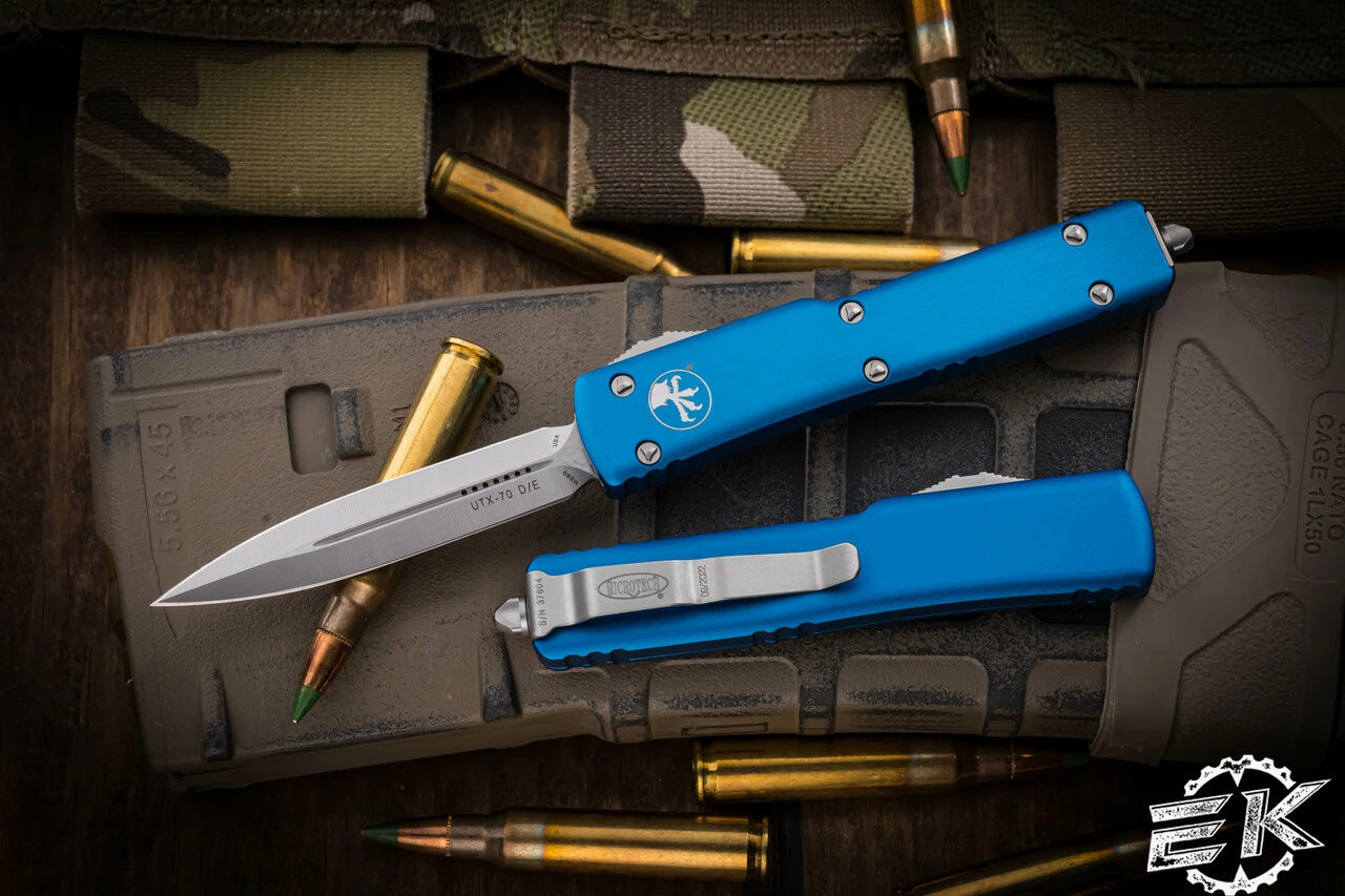 Microtech UTX-70 OTF Automatic Knife Blue 2.4" Dagger Satin 147-4BL 3 Microtech UTX-70 OTF Automatic Knife Blue 2.4" Dagger Satin 147-4BL