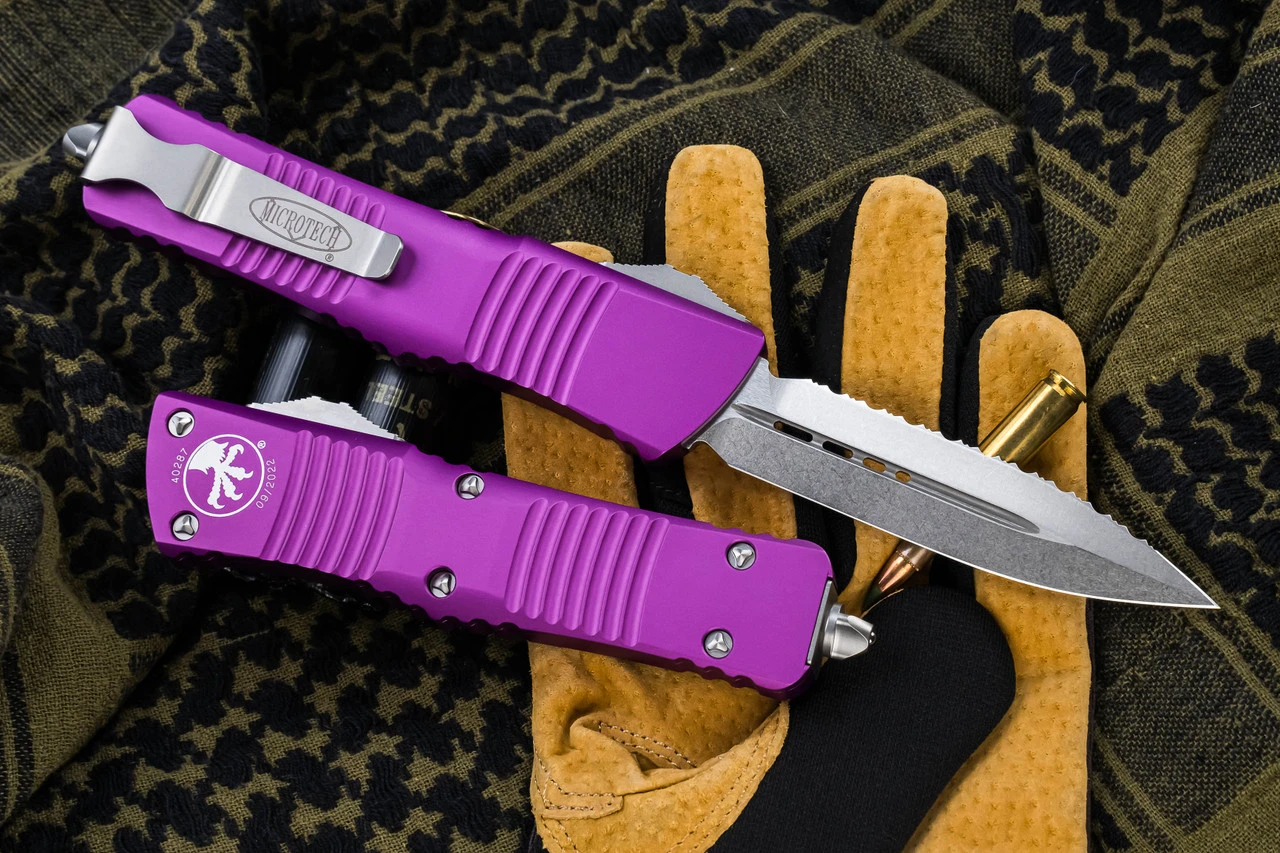 Microtech Combat Troodon OTF Automatic Violet 3.8" Dagger Serrated Stonewash 142-12VI 4 Microtech Combat Troodon OTF Automatic Violet 3.8" Dagger Serrated Stonewash 142-12VI - Image 2