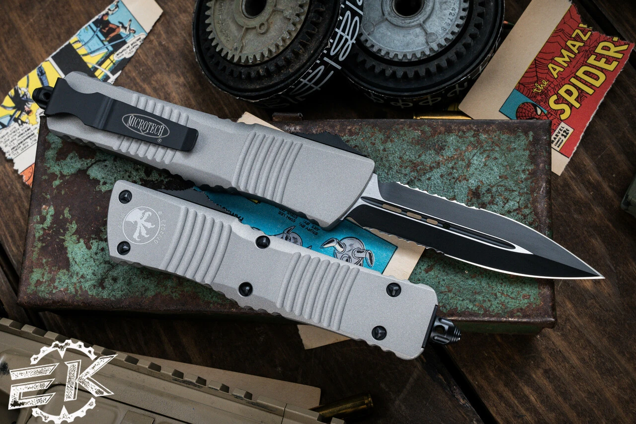 Microtech Combat Troodon OTF Automatic Knife Gray Aluminum 3.8" Dagger Black Serrated 142-2TG 4 Microtech Combat Troodon OTF Automatic Knife Gray Aluminum 3.8" Dagger Black Serrated 142-2TG - Image 2