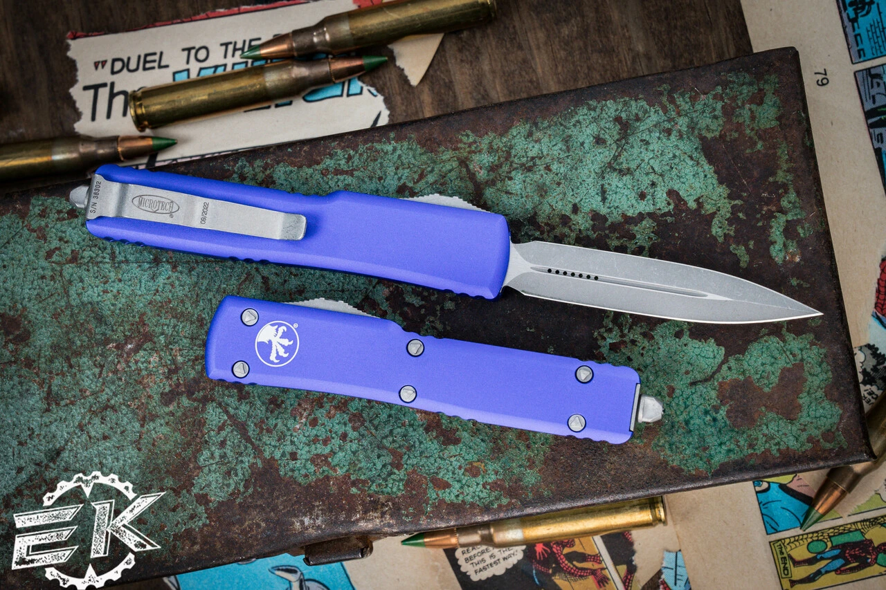 Microtech UTX-70 OTF Automatic Knife Purple 2.4" Dagger Apocalyptic Stonewash 147-10APPU 4 Microtech UTX-70 OTF Automatic Knife Purple 2.4" Dagger Apocalyptic Stonewash 147-10APPU - Image 2