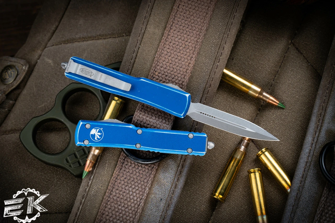 Microtech UTX-70 Distressed Blue OTF Automatic 2.4" Dagger Stonewash 147-10DBL 5 Microtech UTX-70 Distressed Blue OTF Automatic 2.4" Dagger Stonewash 147-10DBL - Image 3