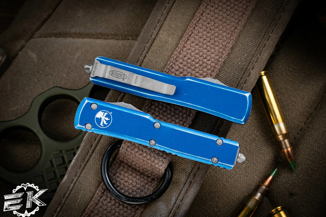 Microtech UTX-70 Distressed Blue OTF Automatic 2.4" Dagger Stonewash 147-10DBL 4 Microtech UTX-70 Distressed Blue OTF Automatic 2.4" Dagger Stonewash 147-10DBL - Image 2