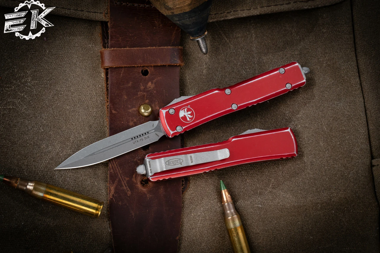Microtech UTX-70 Red Distressed OTF Automatic Knife D/E 2.4" Dagger Stonewash 147-10-DRD 3 Microtech UTX-70 Red Distressed OTF Automatic Knife D/E 2.4" Dagger Stonewash 147-10-DRD