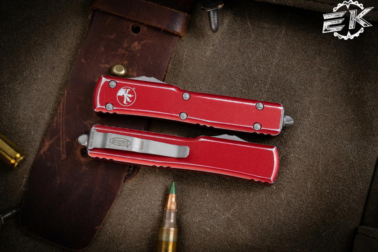 Microtech UTX-70 Red Distressed OTF Automatic Knife D/E 2.4" Dagger Stonewash 147-10-DRD 5 Microtech UTX-70 Red Distressed OTF Automatic Knife D/E 2.4" Dagger Stonewash 147-10-DRD - Image 3
