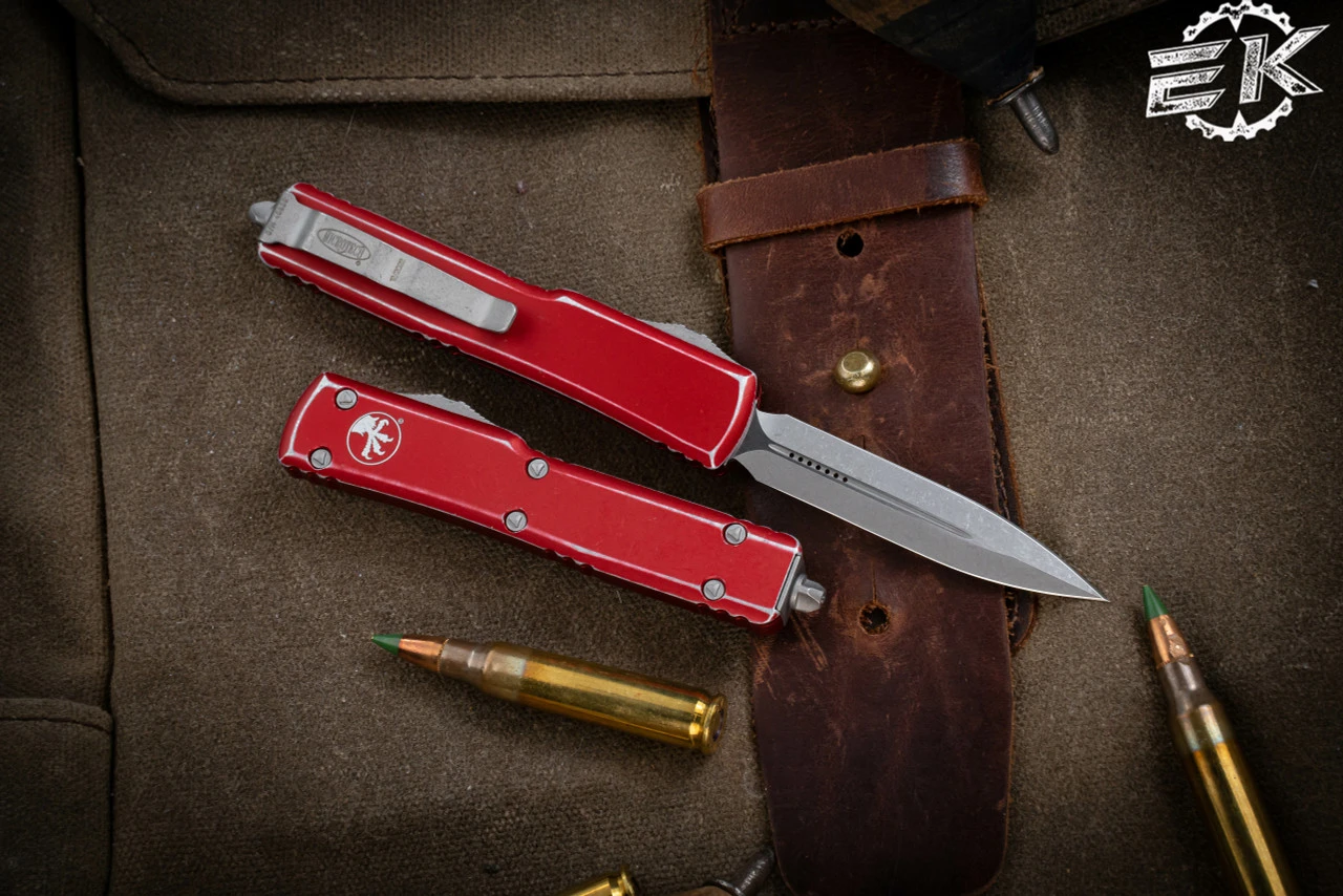 Microtech UTX-70 Red Distressed OTF Automatic Knife D/E 2.4" Dagger Stonewash 147-10-DRD 4 Microtech UTX-70 Red Distressed OTF Automatic Knife D/E 2.4" Dagger Stonewash 147-10-DRD - Image 2