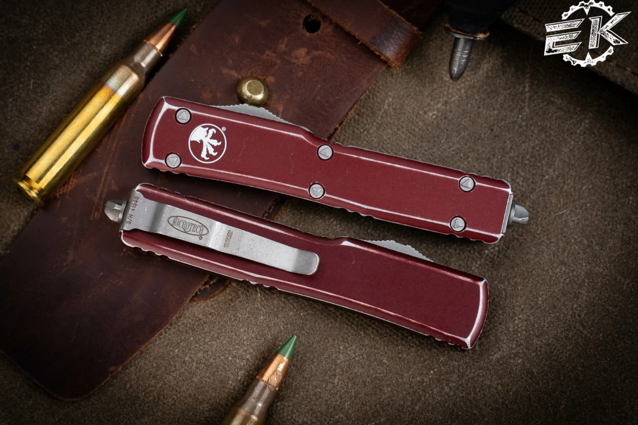 Microtech UTX-70 Distressed Merlot OTF Automatic 2.4" Dagger Stonewash 147-10DMR 5 Microtech UTX-70 Distressed Merlot OTF Automatic 2.4" Dagger Stonewash 147-10DMR - Image 3
