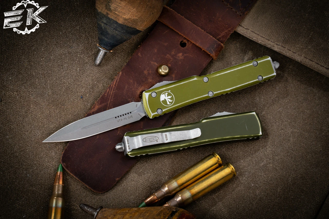 Microtech UTX-70 OTF Automatic Knife Distressed OD Green 2.4" Dagger Stonewash 147-10DOD 3 Microtech UTX-70 OTF Automatic Knife Distressed OD Green 2.4" Dagger Stonewash 147-10DOD