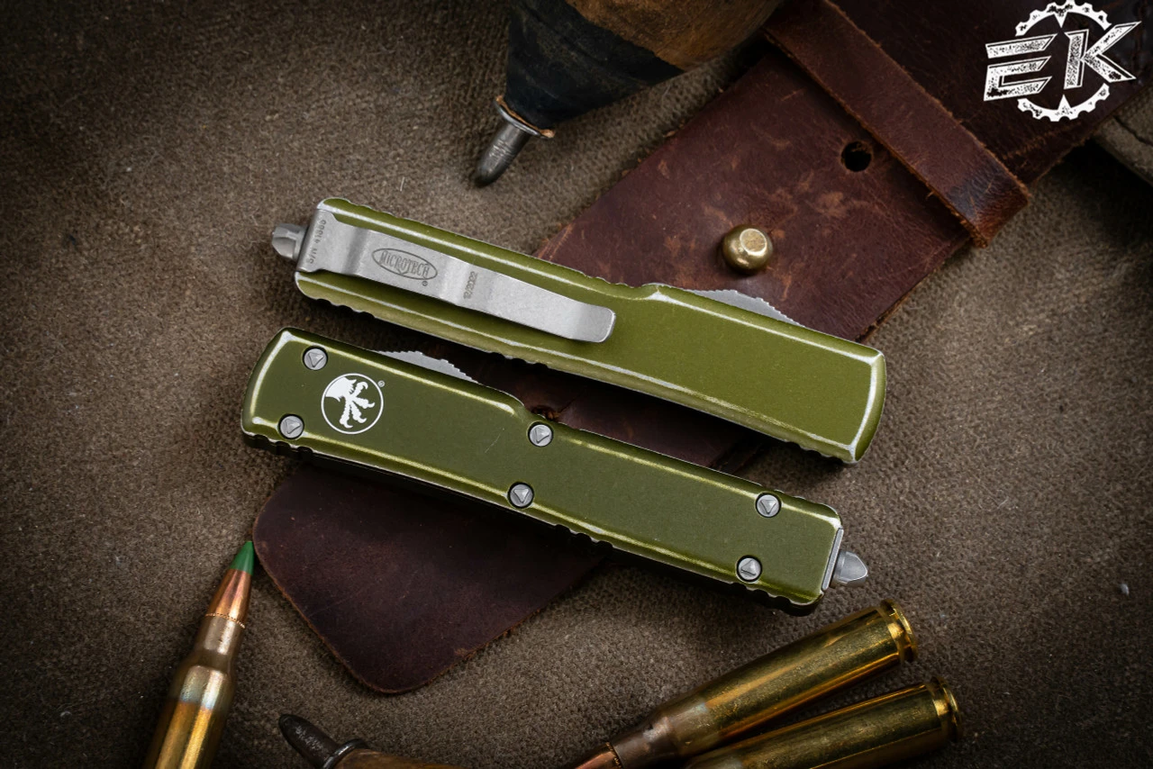 Microtech UTX-70 OTF Automatic Knife Distressed OD Green 2.4" Dagger Stonewash 147-10DOD 5 Microtech UTX-70 OTF Automatic Knife Distressed OD Green 2.4" Dagger Stonewash 147-10DOD - Image 3