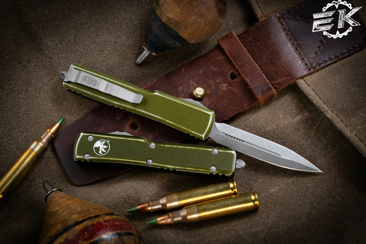 Microtech UTX-70 OTF Automatic Knife Distressed OD Green 2.4" Dagger Stonewash 147-10DOD 4 Microtech UTX-70 OTF Automatic Knife Distressed OD Green 2.4" Dagger Stonewash 147-10DOD - Image 2